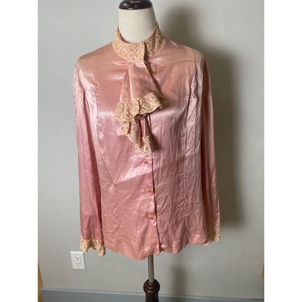 Vintage 70s Pink Satin Jabot Lace Blouse Bell Sleeve Boho Victorian Coquette